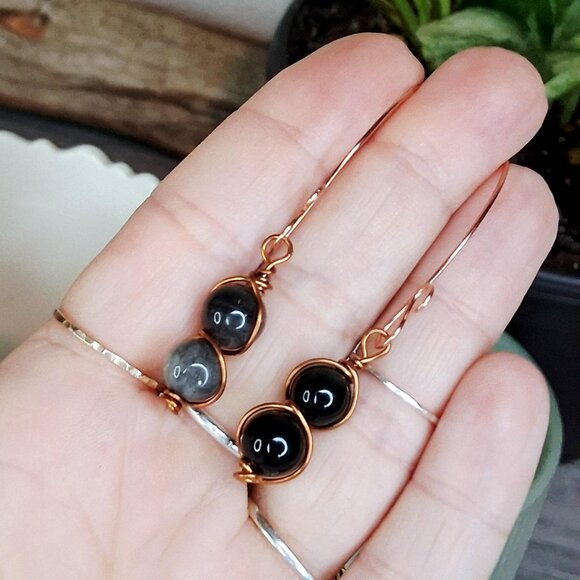 BOGO EARRINGS - Black obsidian wire wrapped copper dangle earrings, 2" - Picture 2 of 8